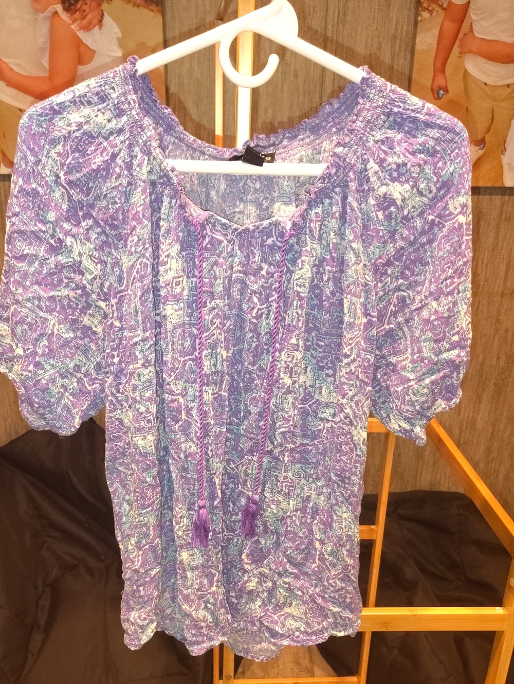 Erika Lavender-Purple Floral Peasant Blouse with Tassel Tie